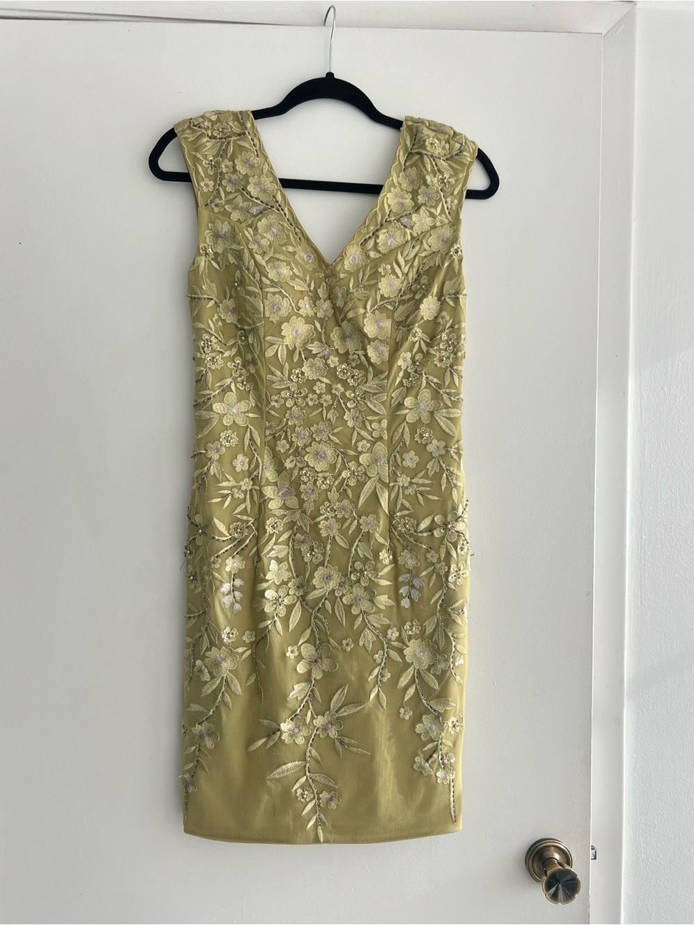 Sue Wong Embroidered V-Neck Sheath Dress in Olive Green